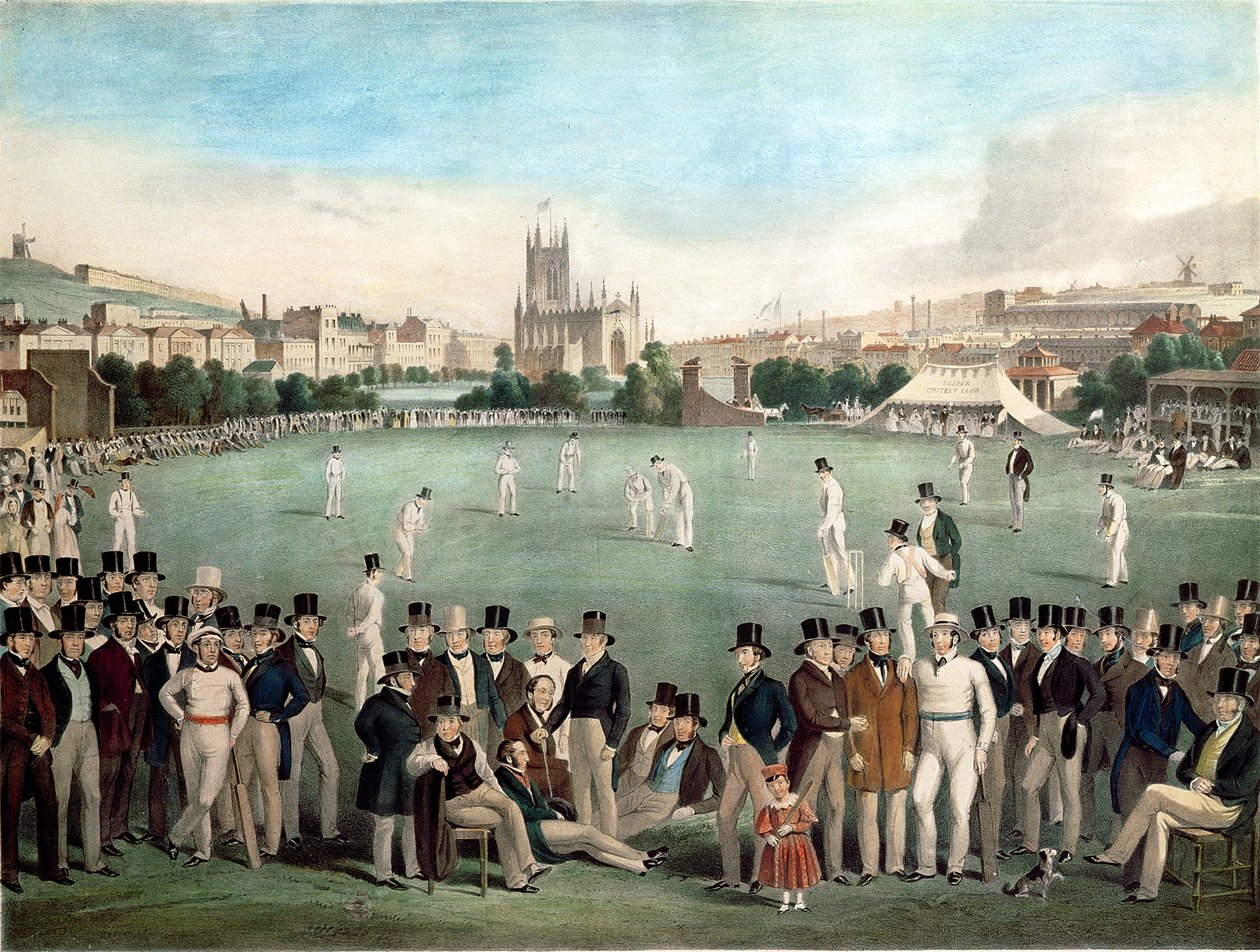 Kriketový zápas mezi Sussexem a Kentem v roce 1840, vydal S. Lipschitz, Londýn, kolem roku 1849 (barevná rytina) od W. and Basebe Charles (after) Drummond