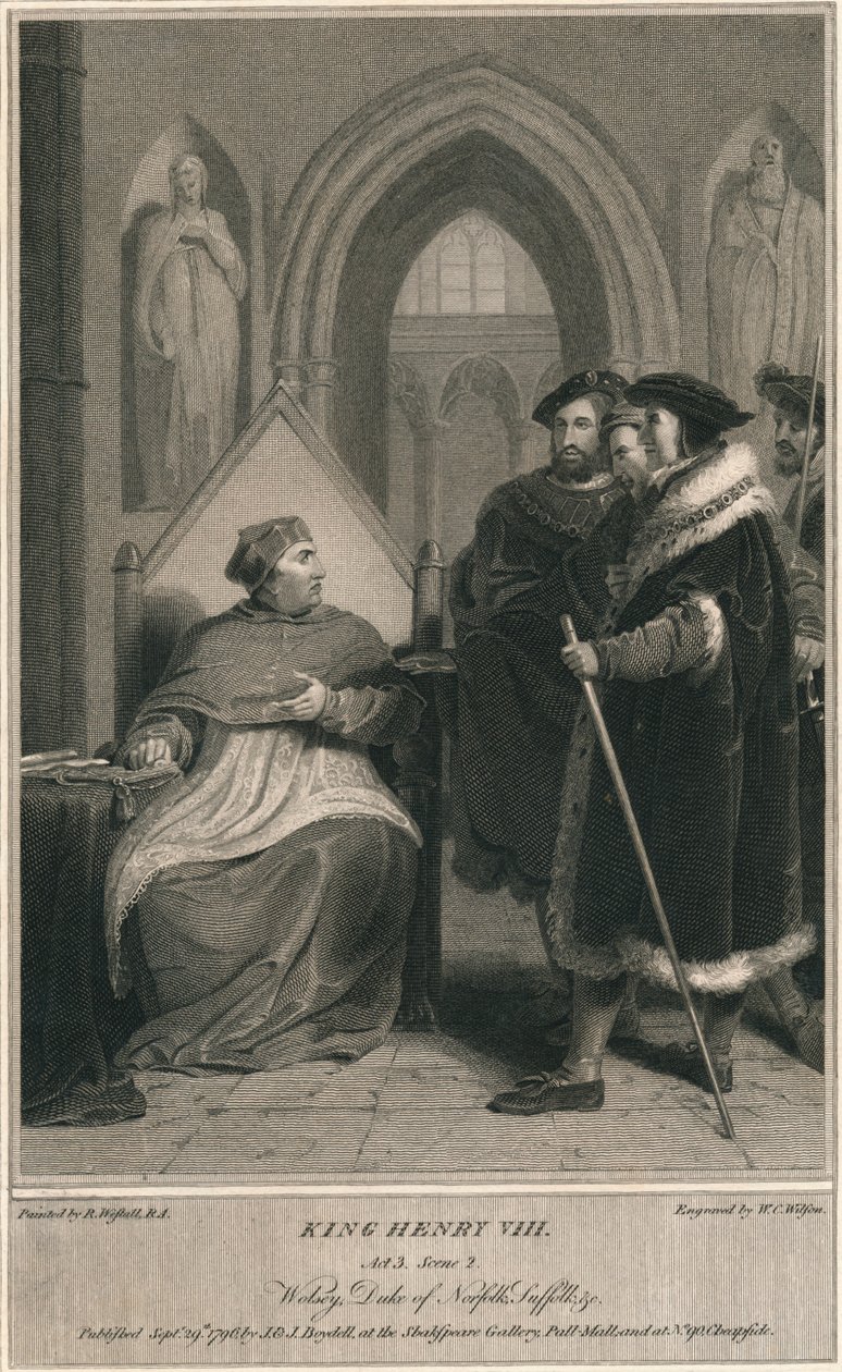 Král Jindřich VIII. 3. dějství. Scéna 2. Wolsey, vévoda z Norfolku, Suffolk & c, 1796. od W. C. Wilson
