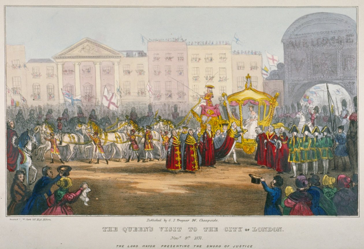 Pohled na Temple Bar během návštěvy královny Viktorie v City of London v roce 1837 od W Clerk