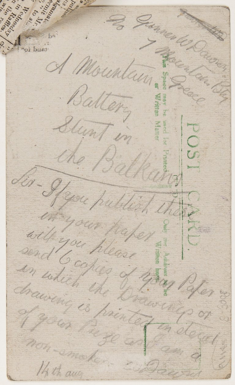 Pohlednice redaktorovi Liverpool Weekly Courier, 14. srpna 1918 (tužka na pohlednici) od W. Dawson