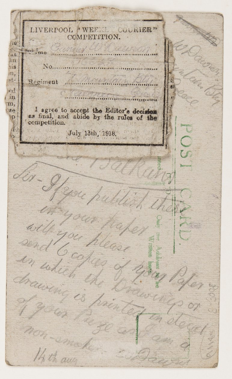 Pohlednice redaktorovi Liverpool Weekly Courier, 14. srpna 1918 (tužka na pohlednici) od W. Dawson