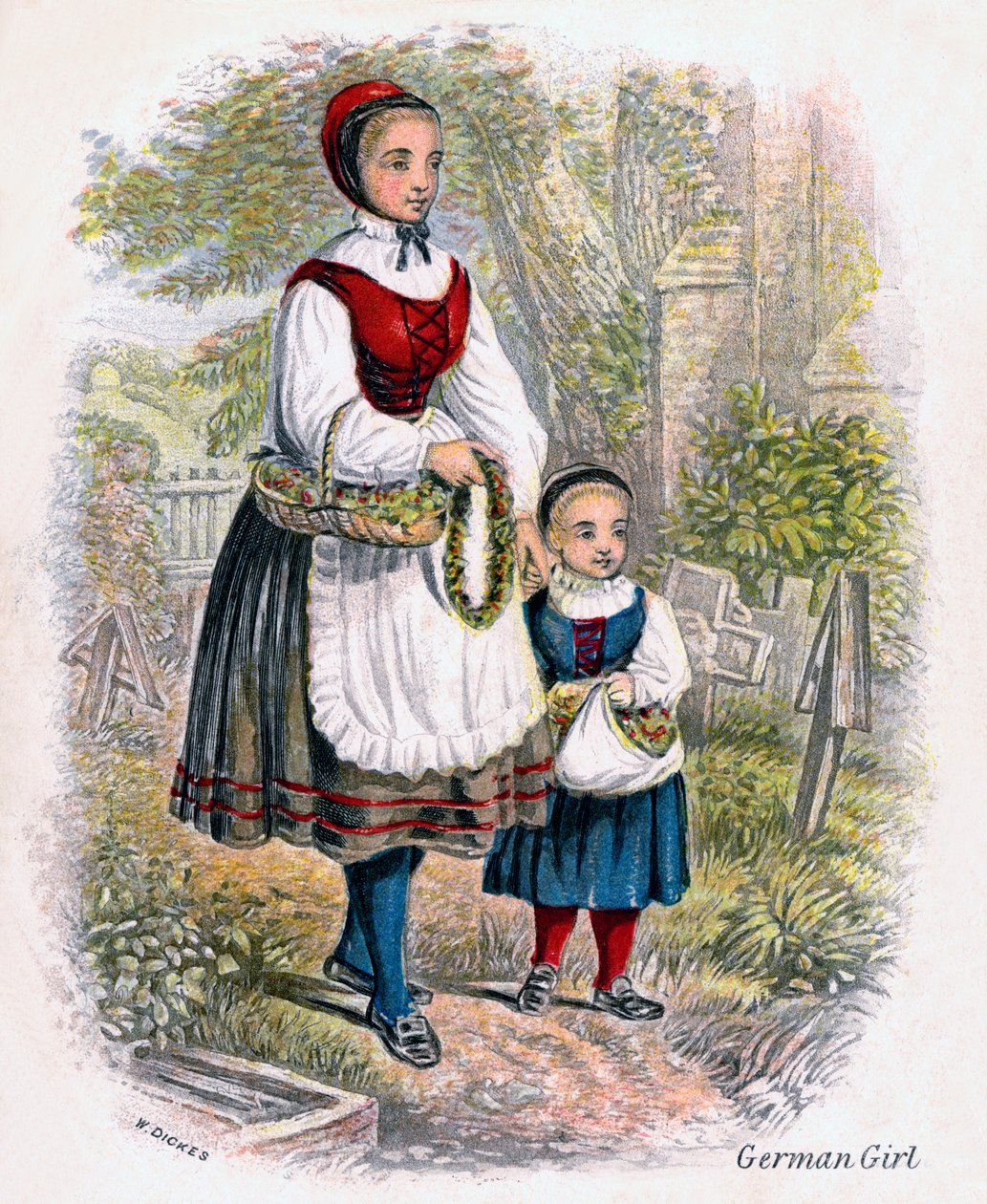 Dvě německé dívky s košíky květin, 1809. od W. Dickes