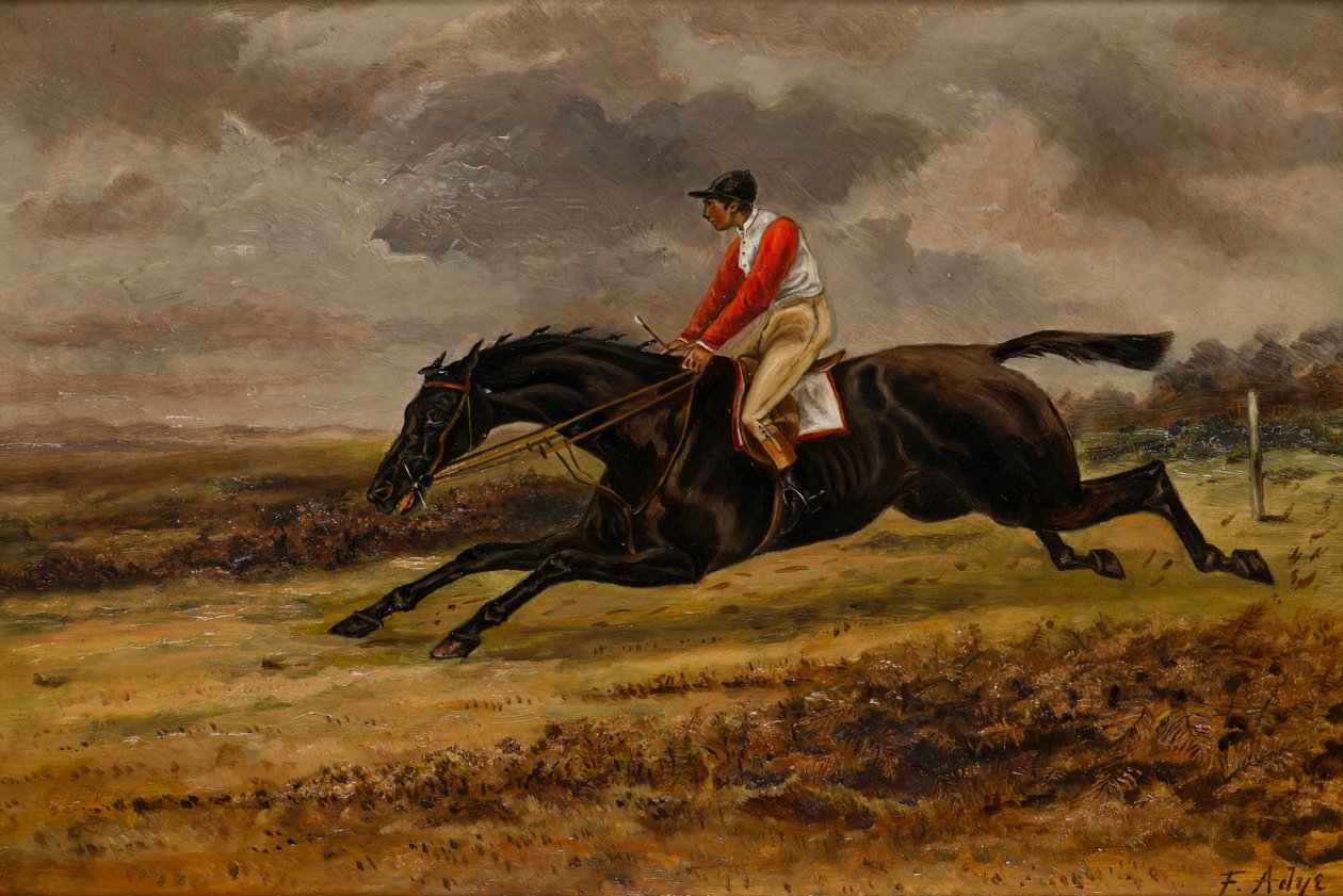 Cválající kůň s žokejem v dostihových barvách Bradford, kolem 1839-98 (olej na plátně) od W. F. Adye