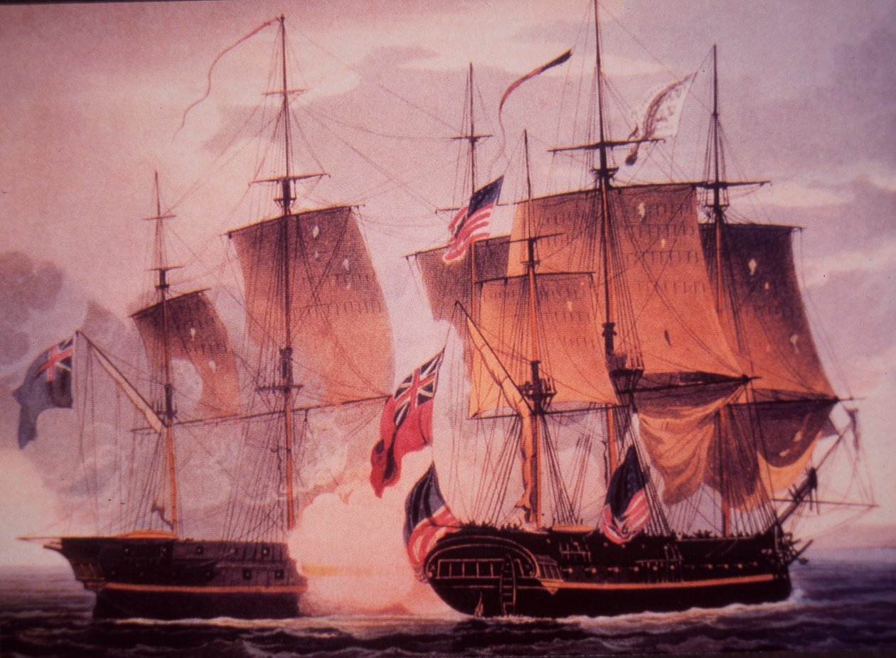 HMS Shannon a USS Chesapeake (barevné lito) od John Ward Dunsmore