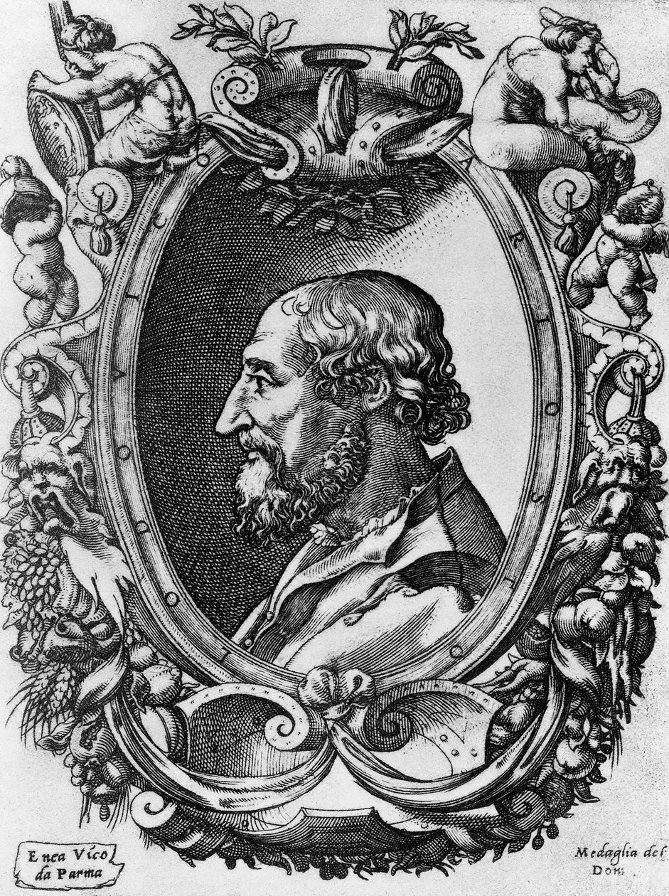 Portrét Ludovica Ariosta (1474-1533), italského básníka a dramatika, Medaglie del Doni, rytina Enea Vico (1523-1567) od John Ward Dunsmore