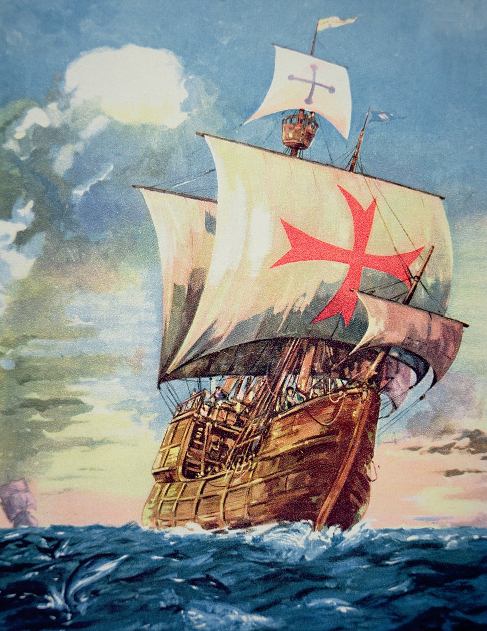 Santa Maria přivážející Kryštofa Kolumba do Ameriky v roce 1492 (barevné lito) od John Ward Dunsmore