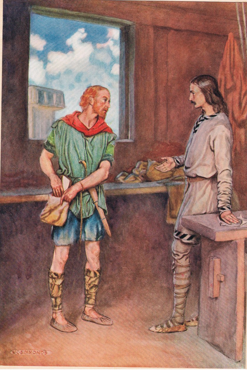 Námořník dává Horatiovi dopis od Hamleta, z „Hamleta“ od Williama Shakespeara, vydání vydané nakladatelstvím Hodder und Stoughton v roce 1915 od W. G. Simmonds