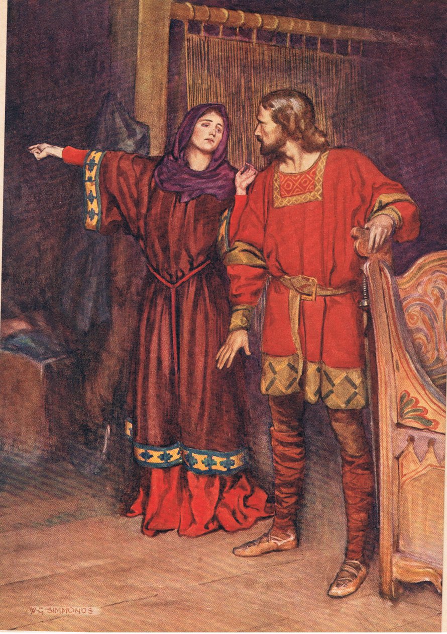 Gertruda odhaluje, že Hamlet zabil Polonia, z 