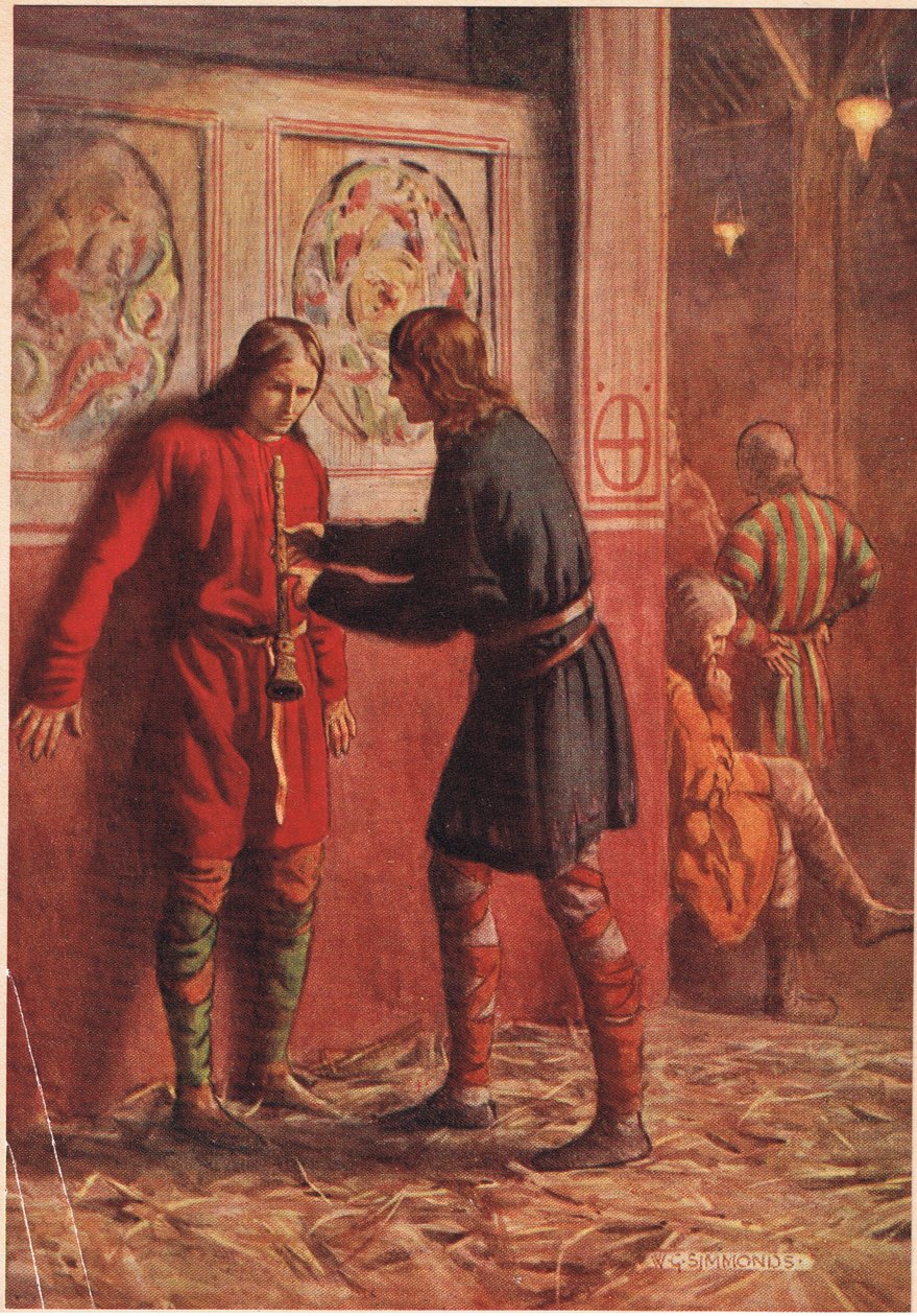 Hamlet se pokouší přimět Guildensterna hrát na dýmku, z „Hamleta“ od Williama Shakespeara, vydání vydané nakladatelstvím Hodder und Stoughton v roce 1915 od W. G. Simmonds