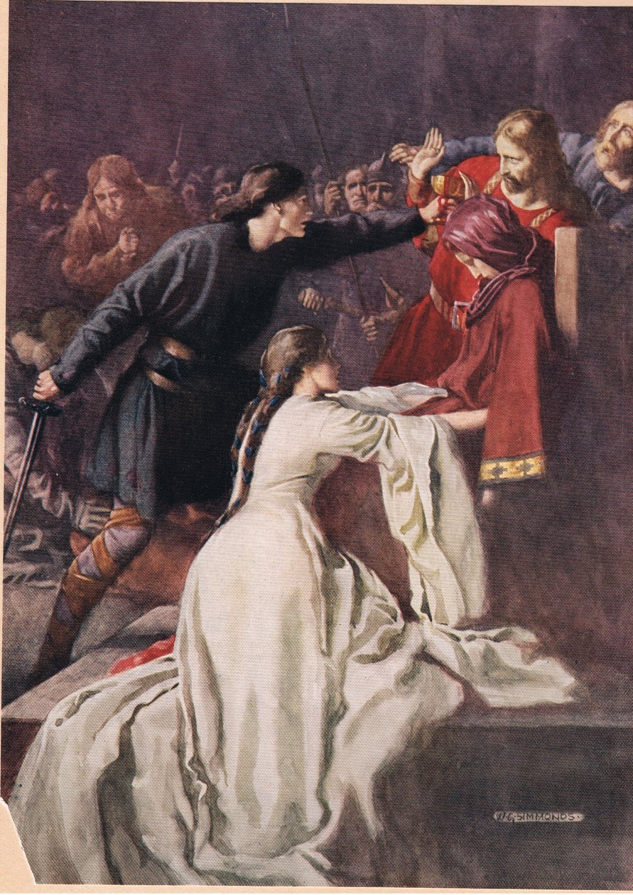 Hamlet nutí krále vypít jed, z „Hamleta“ od Williama Shakespeara, vydání vydané nakladatelstvím Hodder und Stoughton v roce 1915 od W. G. Simmonds