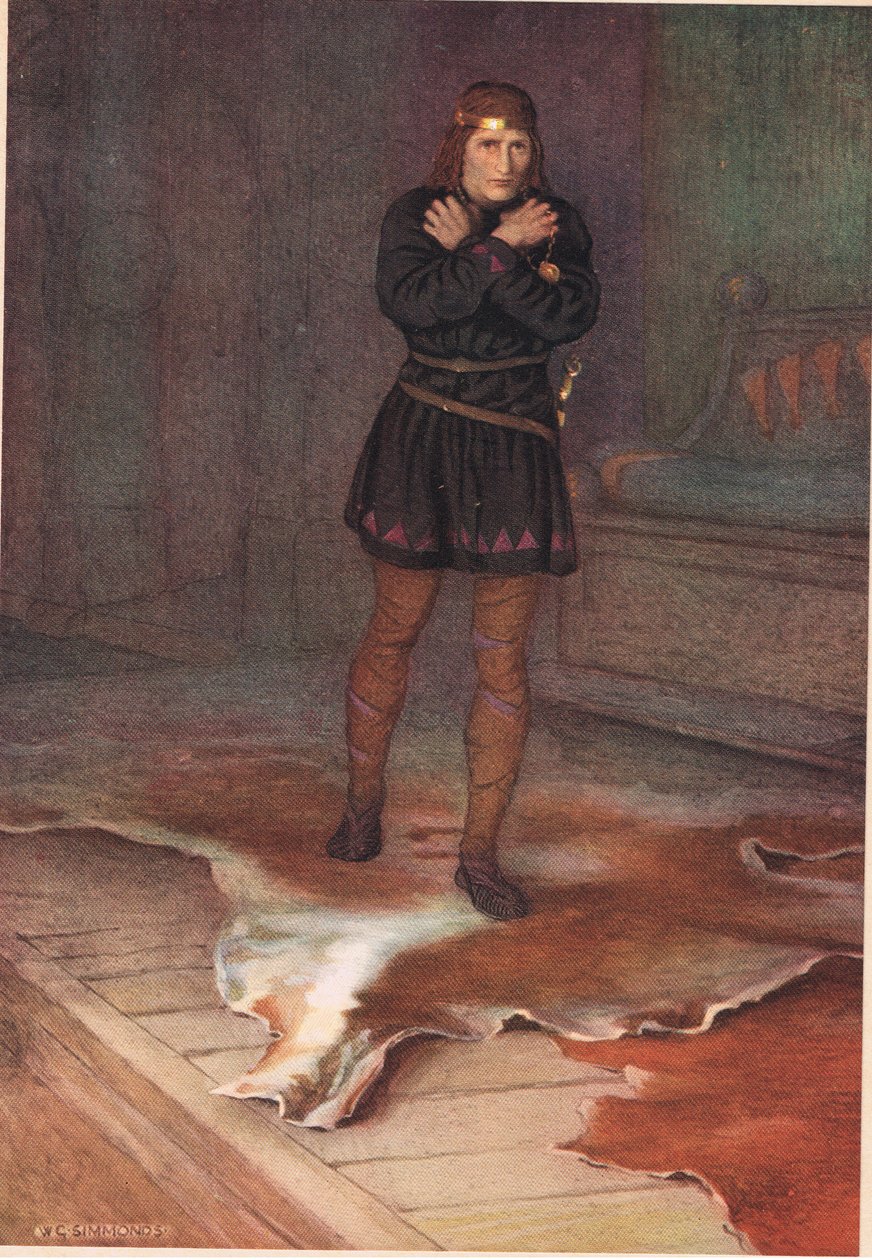 Hamlet plánuje, jak bude krutě mluvit se svou matkou, z knihy "Hamlet" od Williama Shakespeara, vydání vydalo nakladatelství Hodder und Stoughton v roce 1915. od W. G. Simmonds
