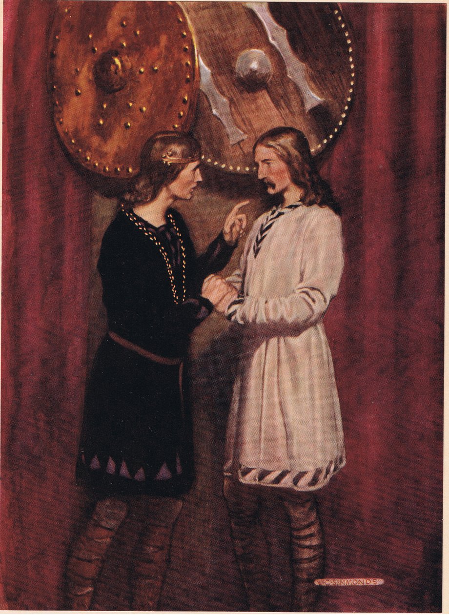 Hamlet hovoří s Horaciem, z knihy "Hamlet" od Williama Shakespeara, vydání vydané nakladatelstvím Hodder und Stoughton v roce 1915. od W. G. Simmonds