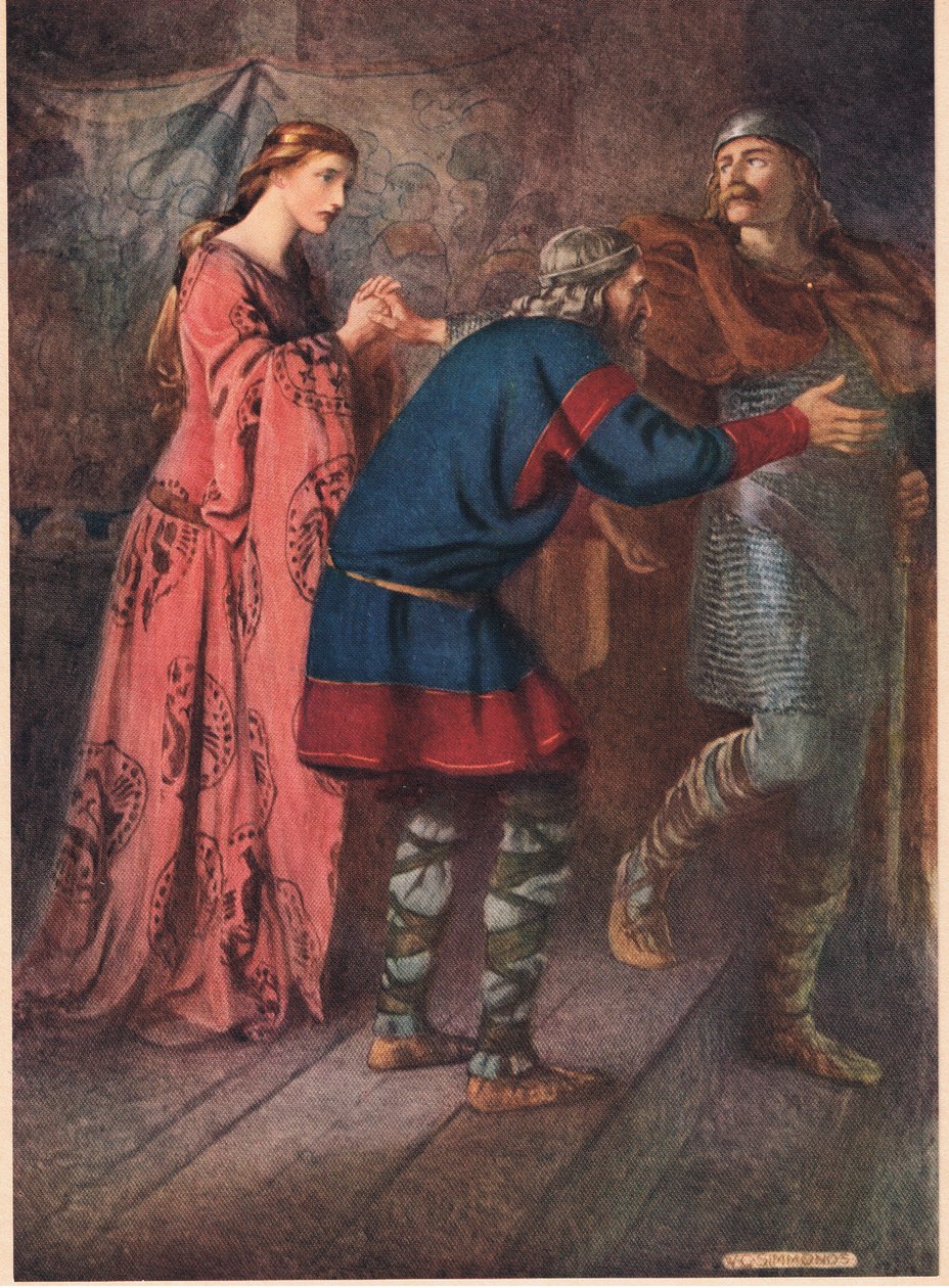 Laertes se loučí se svou sestrou Ofélií z „Hamleta“ od Williama Shakespeara, vydání vydané nakladatelstvím Hodder und Stoughton v roce 1915 od W. G. Simmonds