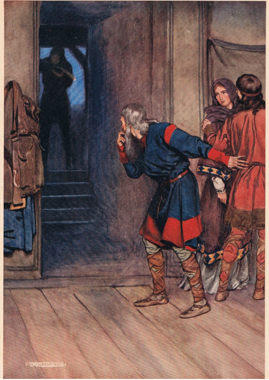 Polonius testuje Hamletovu příčetnost, zatímco král a královna pozorují, z „Hamleta“ od Williama Shakespeara, vydání vydané nakladatelstvím Hodder und Stoughton v roce 1915 od W. G. Simmonds