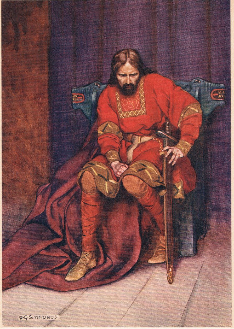 Král mluví o tom, že nechal zavraždit Hamleta, z „Hamleta“ od Williama Shakespeara, vydání vydané nakladatelstvím Hodder und Stoughton v roce 1915 od W. G. Simmonds