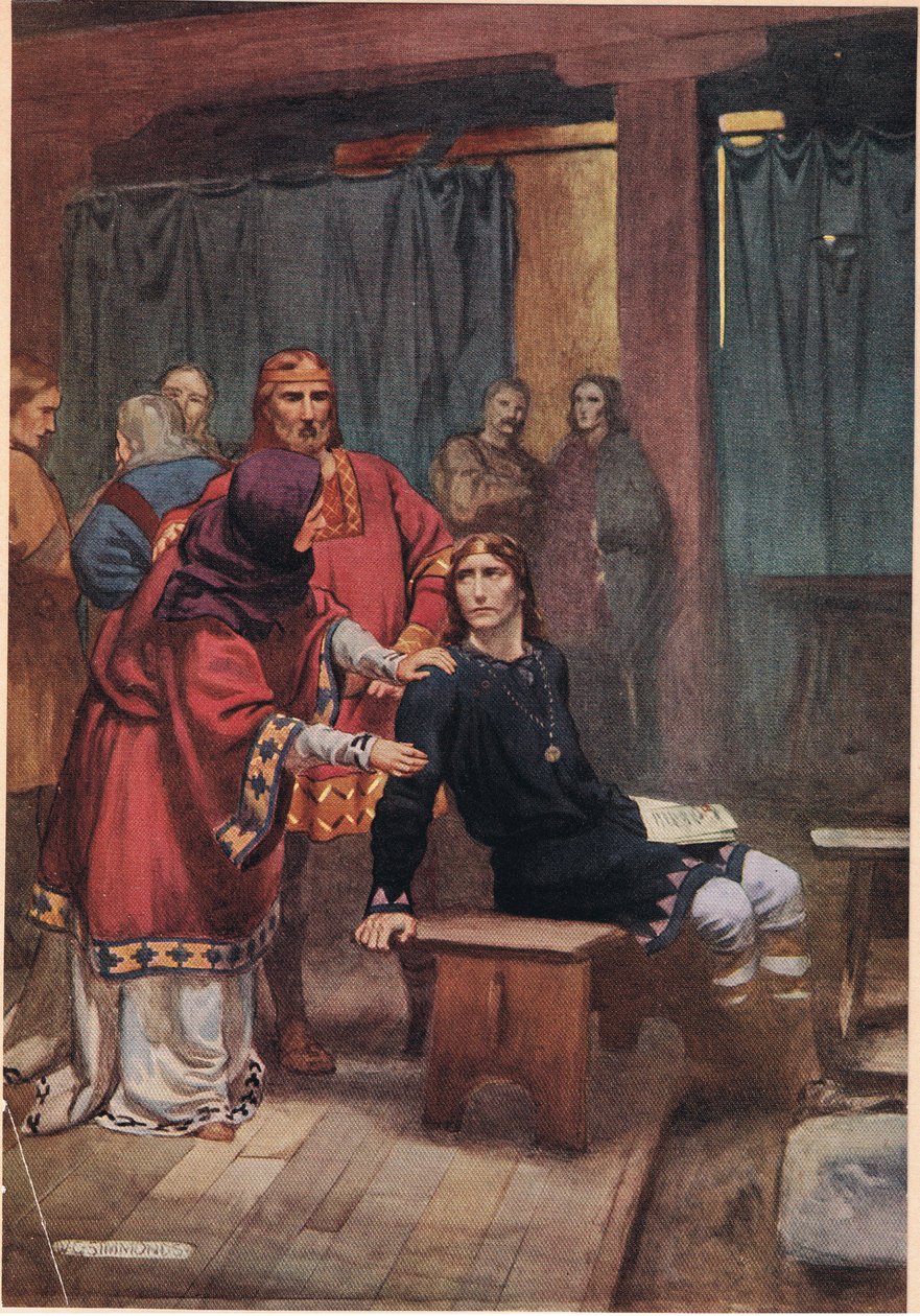 Královna se snaží utěšit Hamleta z „Hamleta“ od Williama Shakespeara, vydání vydané nakladatelstvím Hodder und Stoughton v roce 1915 od W. G. Simmonds