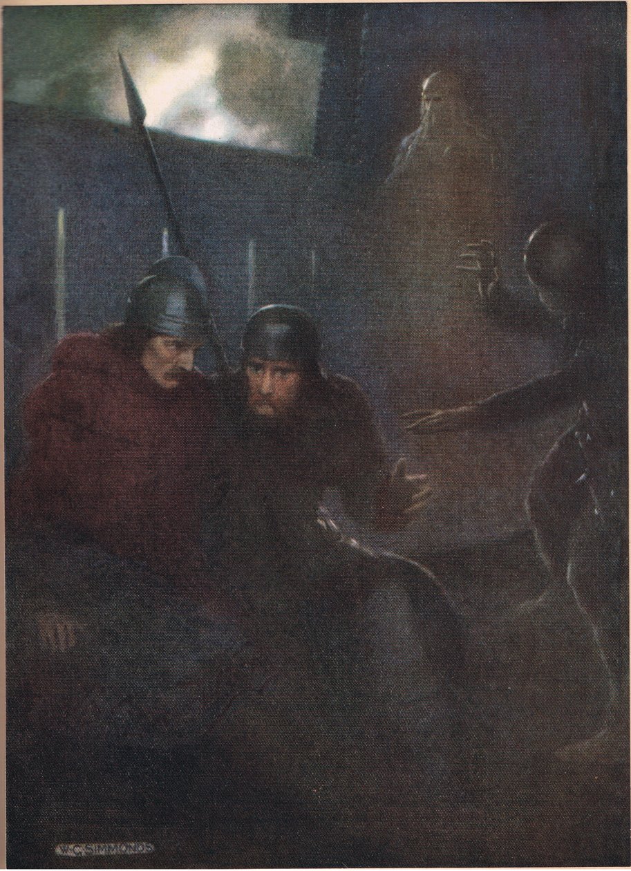 Objevuje se duch Hamletova otce z „Hamleta“ od Williama Shakespeara, vydání vydané nakladatelstvím Hodder und Stoughton v roce 1915 od W. G. Simmonds