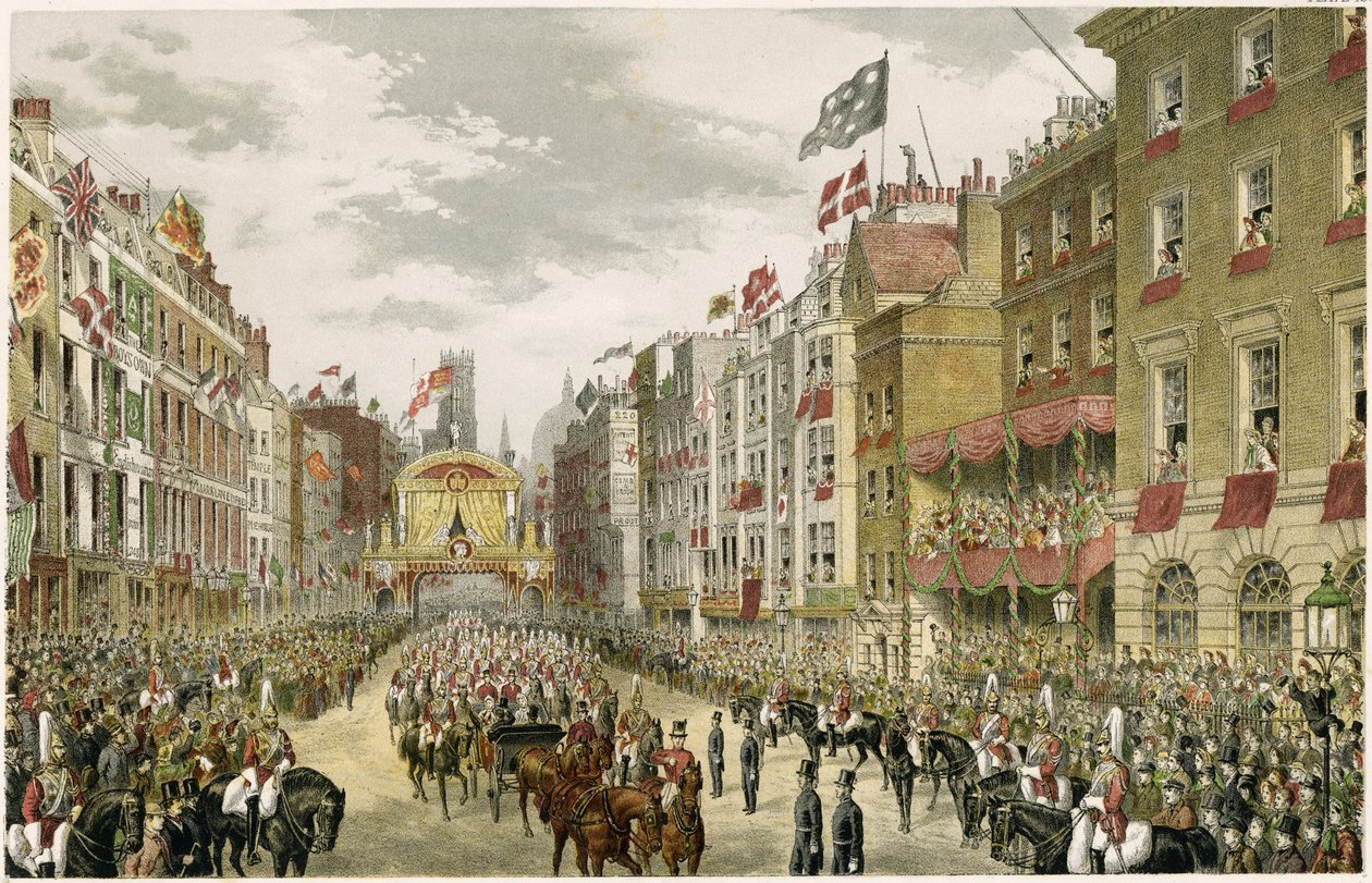 Procession on the Strand, Temple Bar, Strand, Lontoo, Iso-Britannia (värikaiverrus) od W. H. Russell