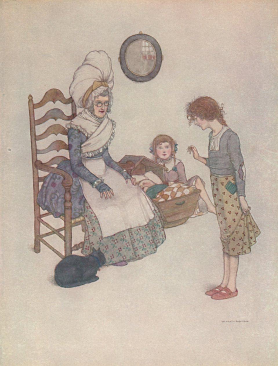 Jednoho dne se posadila a vyrobila z kousků červené látky pár malých botiček, c1930 od William Heath Robinson