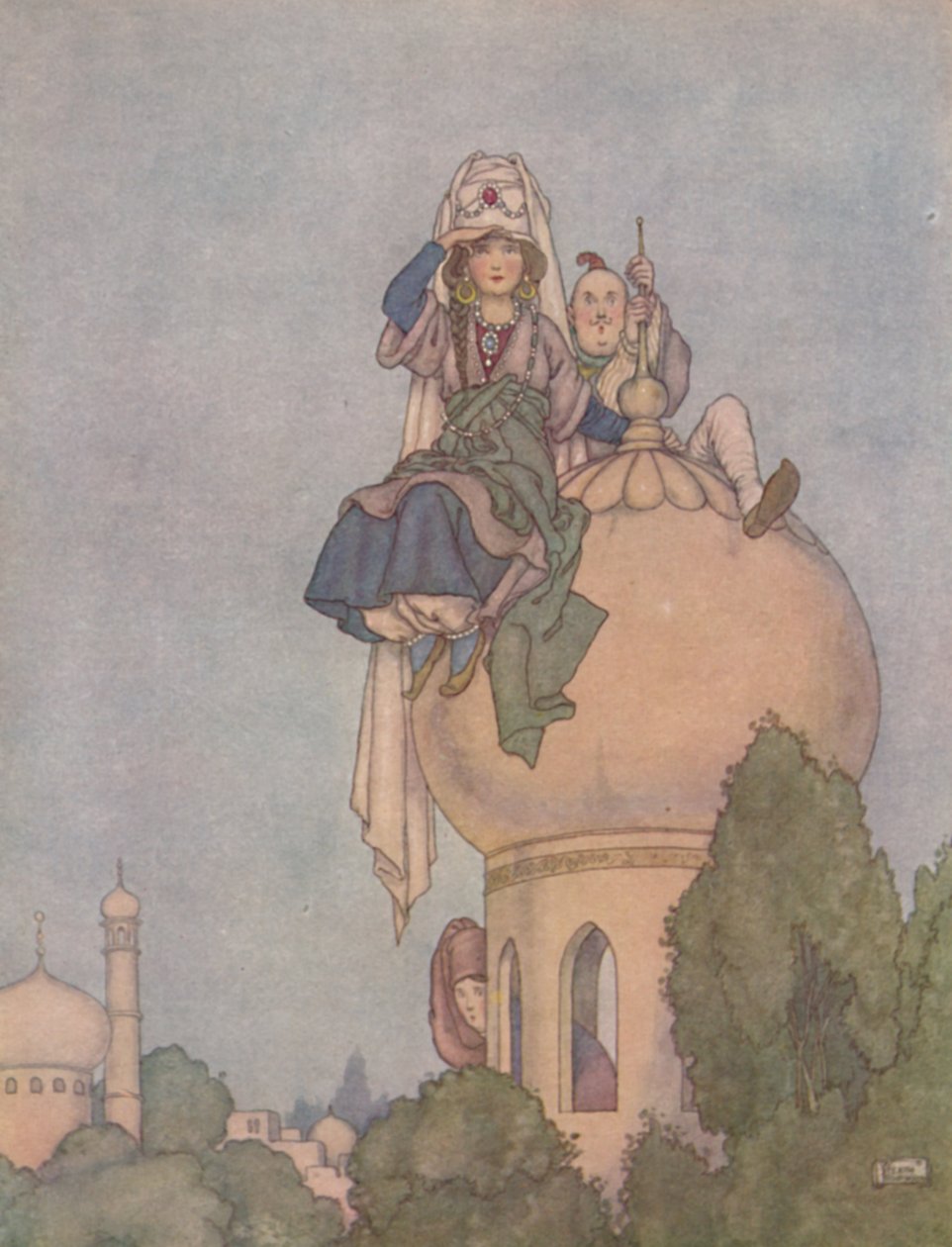 Seděla Živý den na střeše svého paláce a očekávala ho, c1930 od William Heath Robinson
