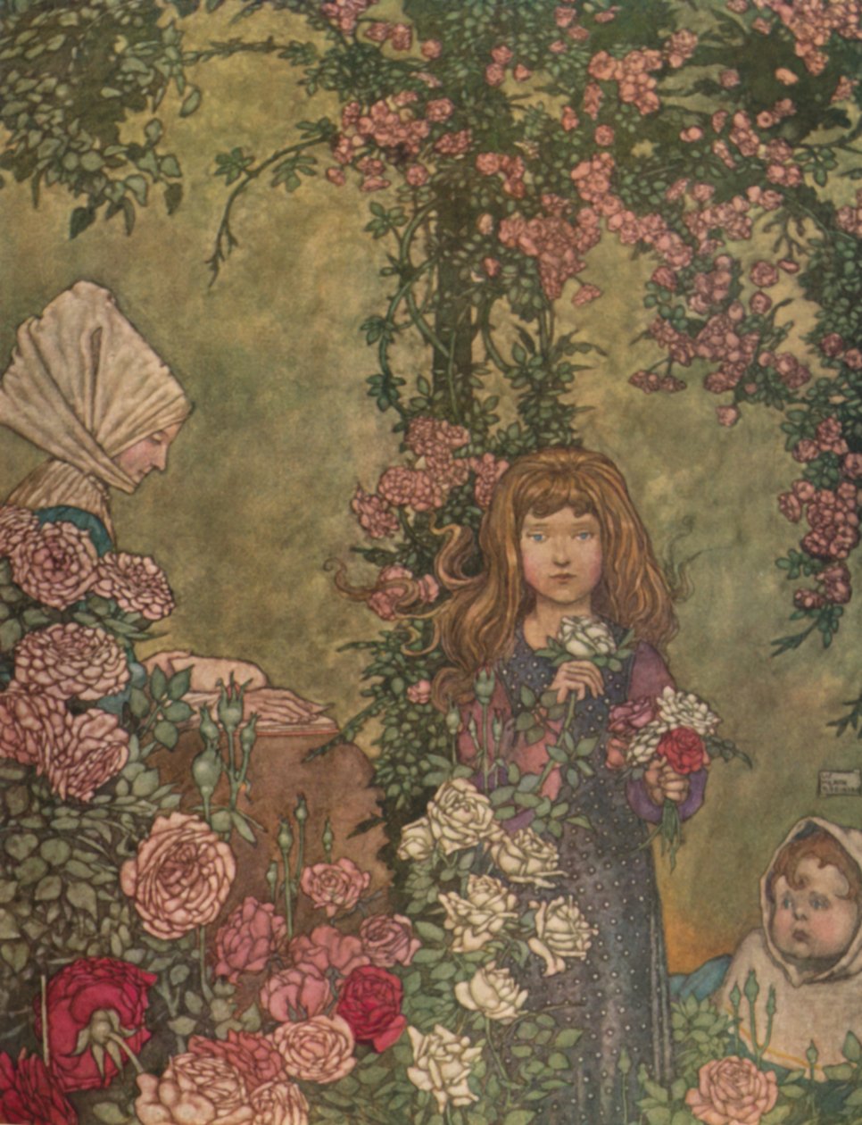 Rolnická žena seděla v neděli u dveří své chalupy a četla svůj hymnus, c1930 od William Heath Robinson