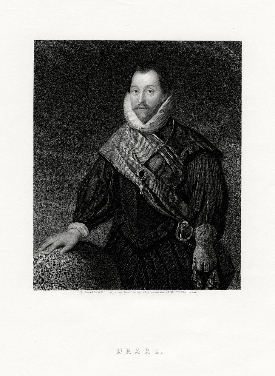 Sir Francis Drake, anglický lupič, mořeplavec, námořní průkopník, politik, 19. století od W. Holl