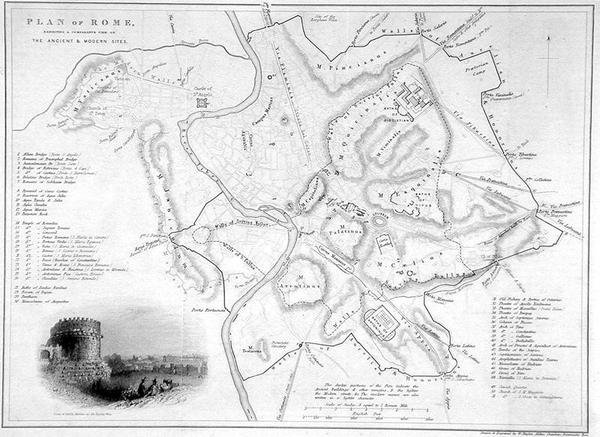 Řím, Itálie: (rytina): Srovnávací mapa starověkých a moderních památek, cca 1850) od W Hughes