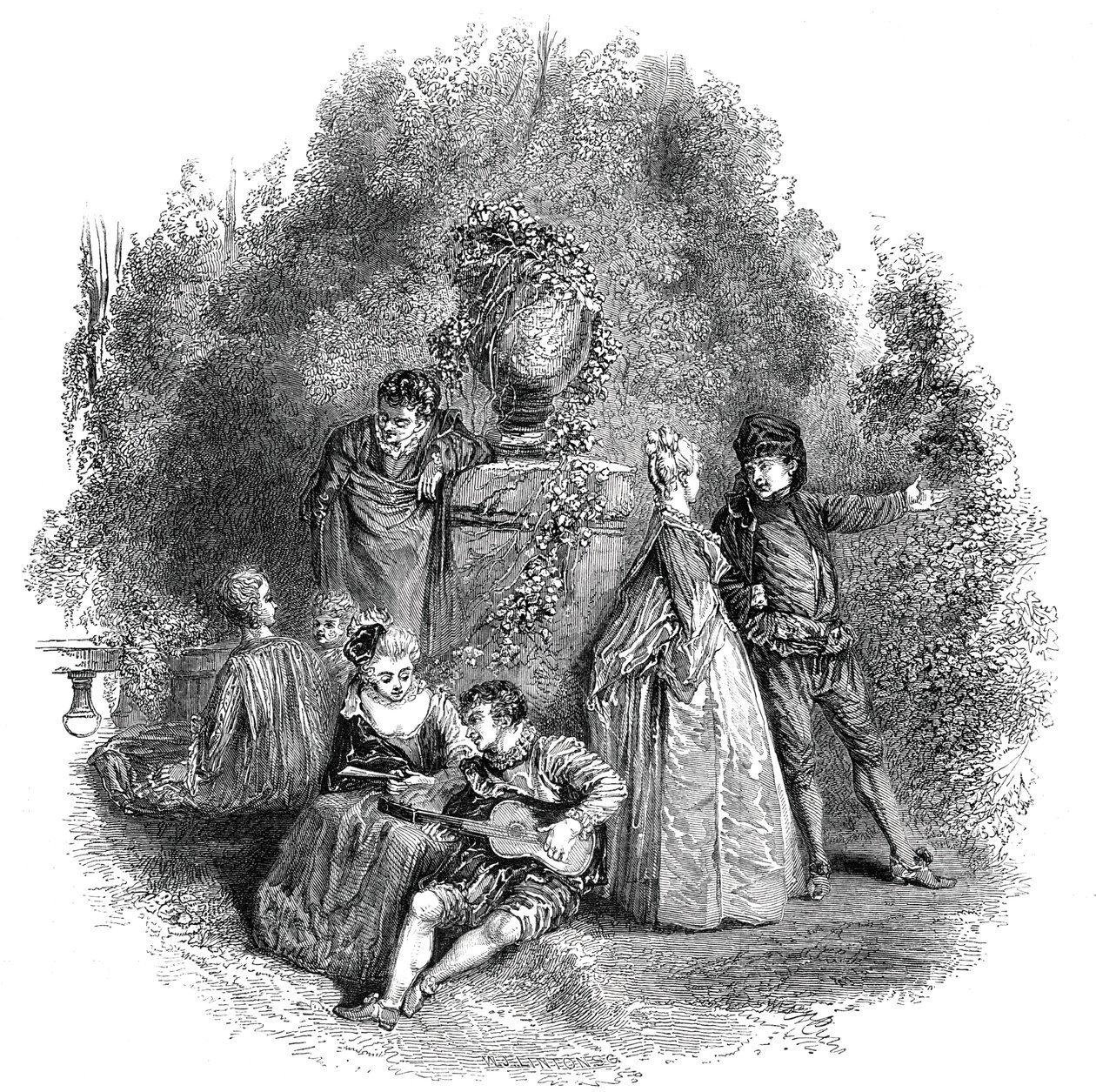 Scéna z Watteau v roce 1644, 1844. od W. J. Linton