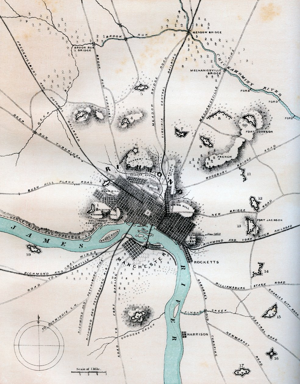 Mapa Richmondu a jeho okolí zobrazující všechny baterie, 1862-1867. od W Kemble