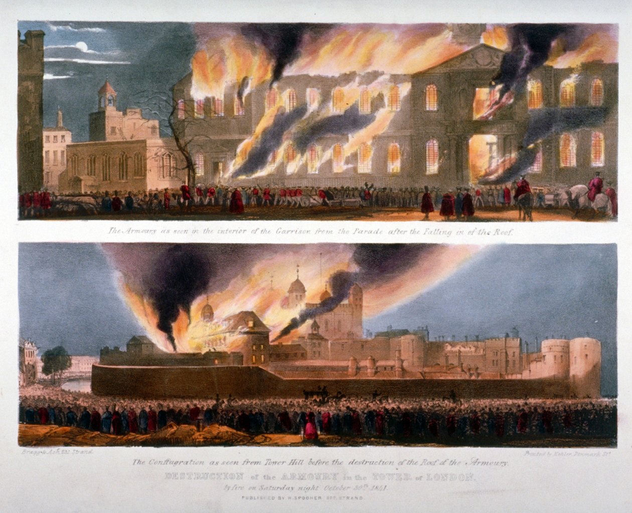 Dva pohledy na zničení zbrojnice v Tower of London požárem, 30. října 1841 od W Kohler and Co