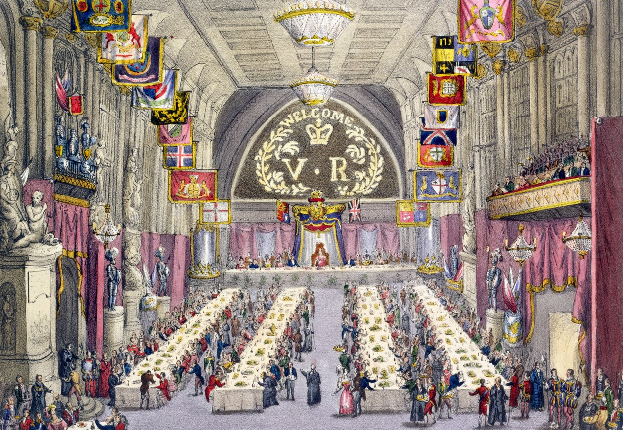 Společný křikloun hlásající přípitek zdraví královně Viktorii na banketu v Guildhall, 1837 od W. Lake