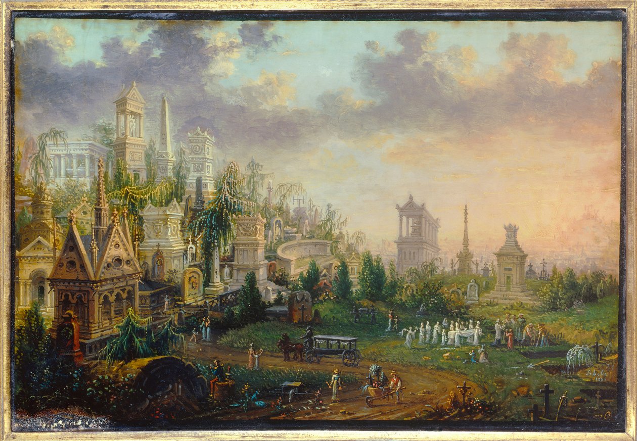 Hřbitov Pere Lachaise v Paříži Obraz Lebelle (19. století) 1835 Ne. 0,16x0,12 m Paříž, Carnavalet Museum od W. Lebelle