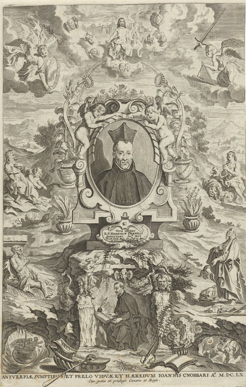 Portrét Jeremiáše Drexela Titulní strana pro: JE. Drexel, De sonne-bloeme oft Vande over-a-cominge van den menscheliicken wille meet de[n] godtliicke[n], 1660 od W Merel van