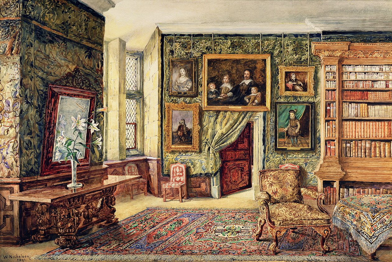 Knihovna v Hardwick Hall, Derbyshire, 1891 (wc) od W. Nicholson