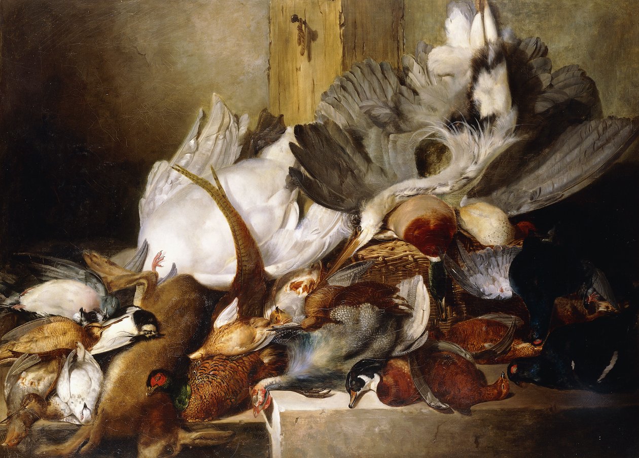 Zátiší mrtvých ptáků; Volavka visící na zdi, kachna, bažant, koroptev, sluka lesní, labuť a holub se zajícem, 1845 od W. Oakes