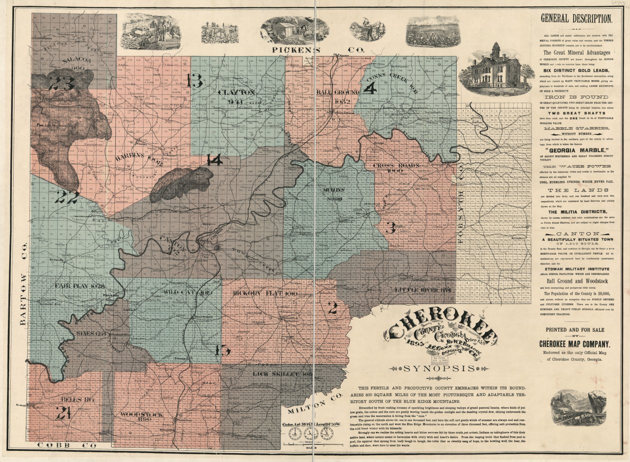 Angličtina:  Zobrazuje čísla parcel/bloků a jména obyvatel. Schválena jako jediná oficiální mapa okresu Cherokee. Dva listy spojené do jednoho, nalepené na plátně. LC Land ownership maps, 87 Obsahuje text a il. K dispozici také prostřednictvím knihovny od W. P. Bullock