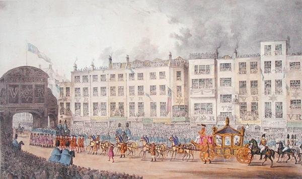 Pohled na Temple Bar během návštěvy královny Viktorie v City of London v roce 1837 od W. R. Browne