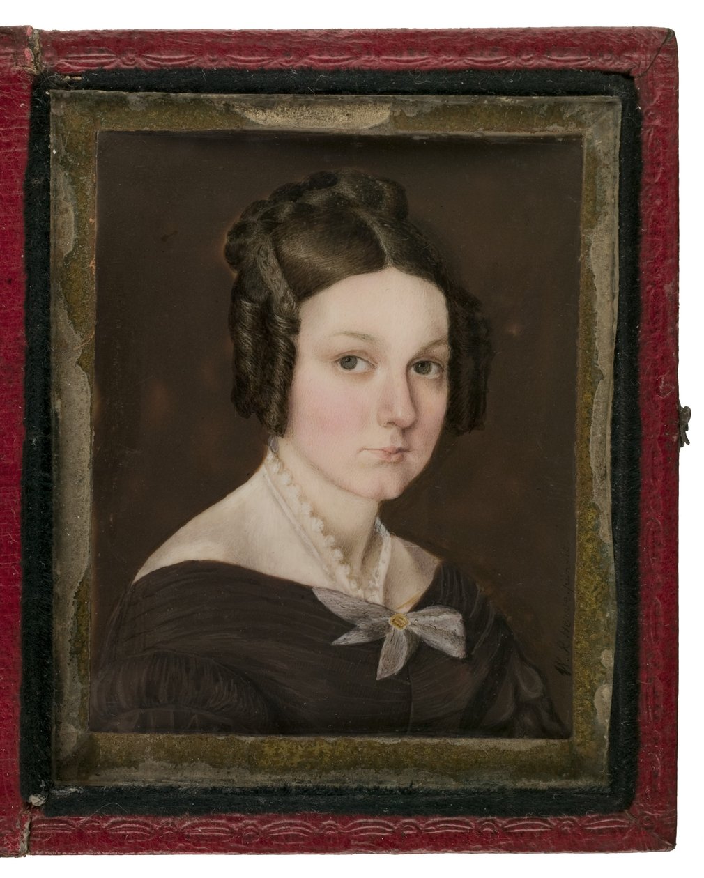 Miniaturní portrét Sally Ann Gage, kolem roku 1837 (wc na slonovině, kůži, slitině mědi a skle) od W. R. Herve