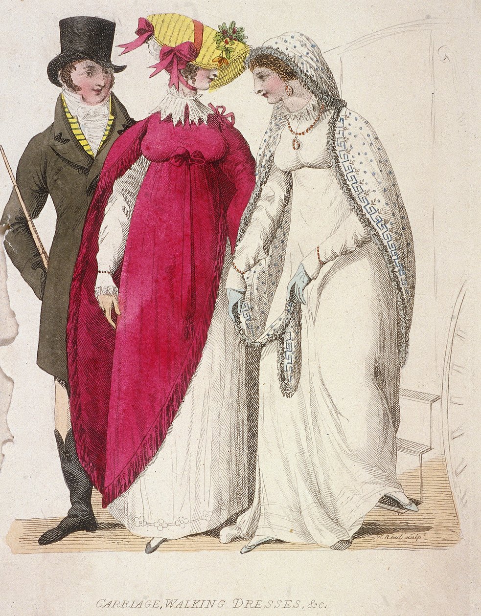 Dvě ženy ve vycházkových šatech v doprovodu muže, c1810 od W Read