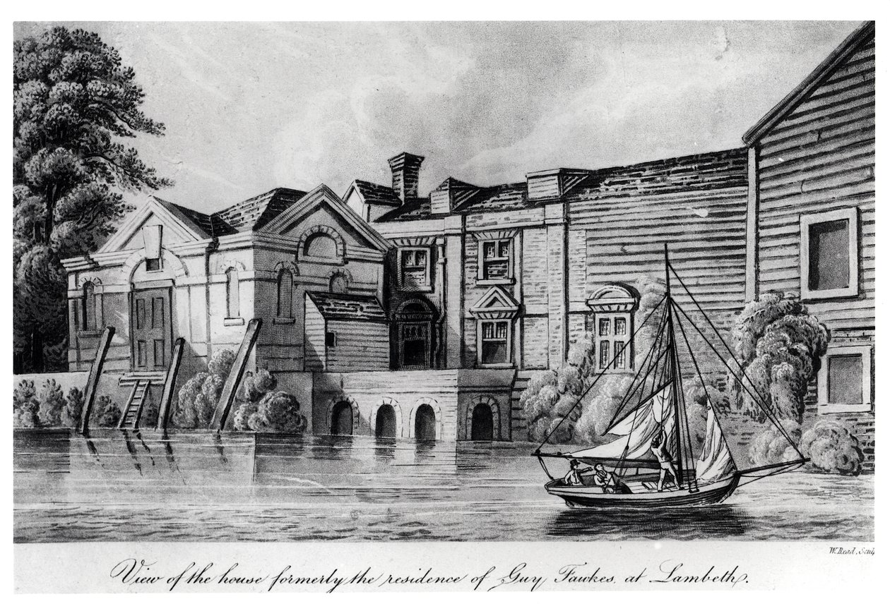 Pohled na dům Dříve sídlo Guye Fawkese v Lambeth, kolem roku 1850 (akvatinta) od W. Read