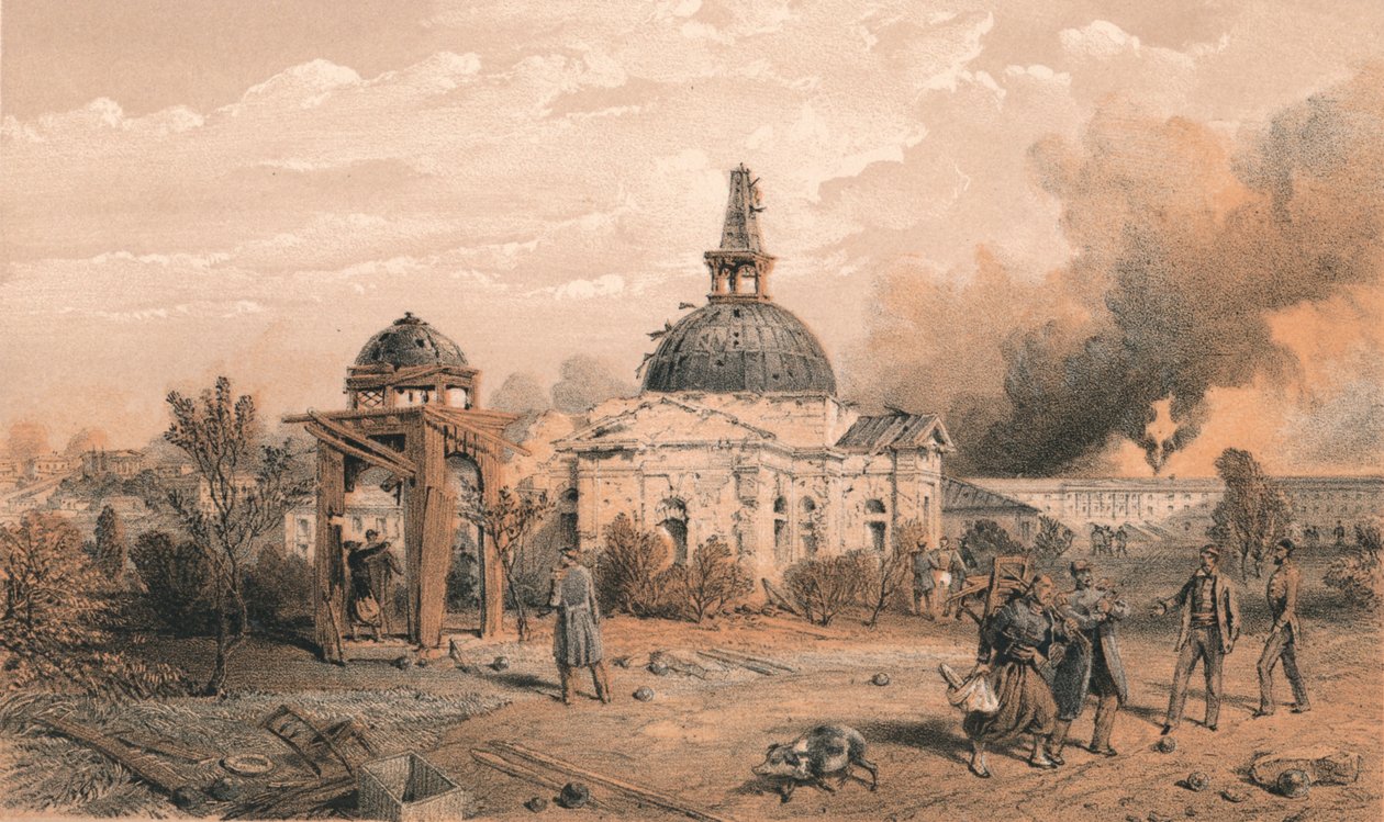 „Kostel v zadní části Redanu, při pohledu na sever – ukazující účinky výstřelu a střely“, 1856 od W Trask