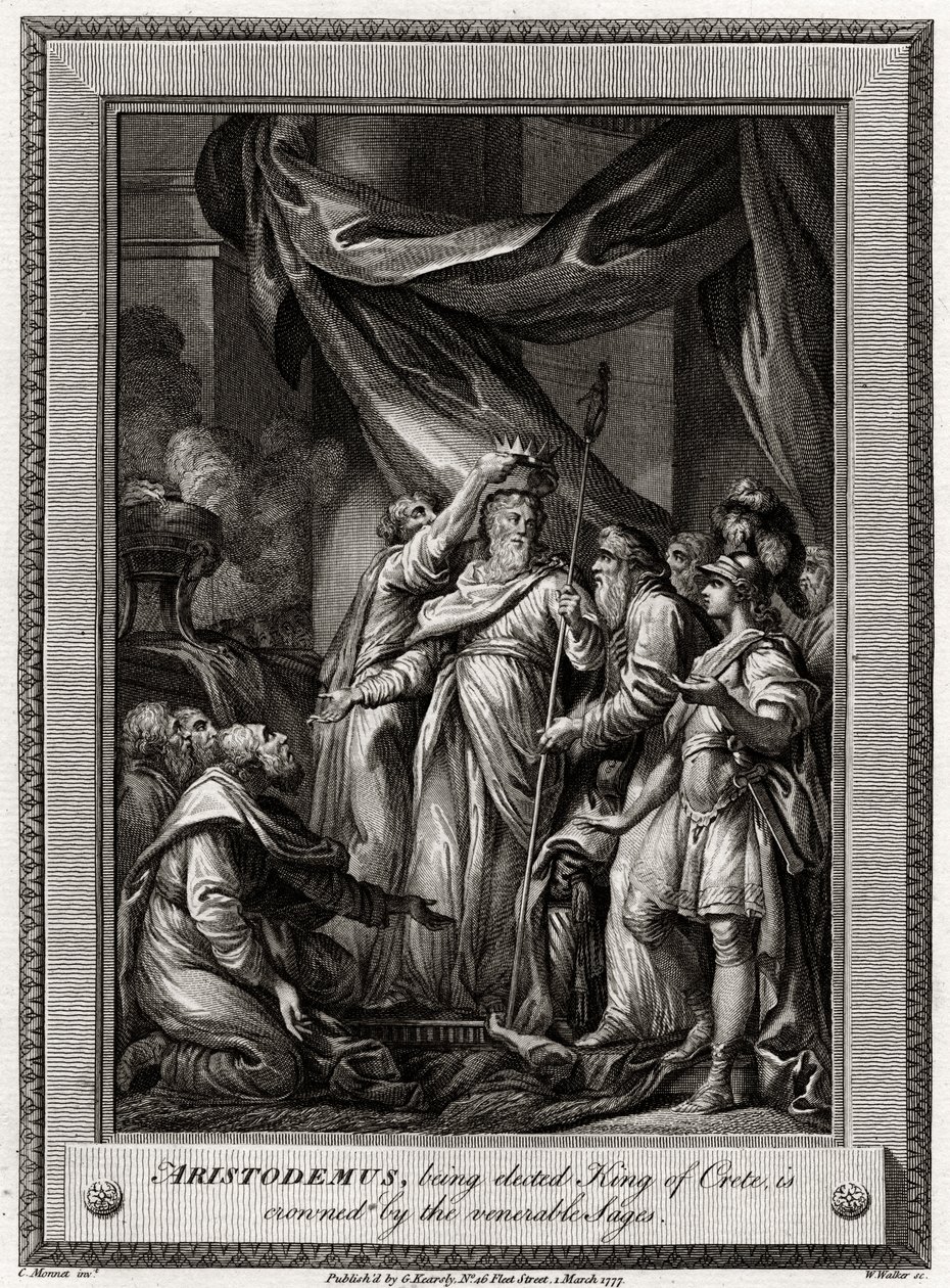 Aristodemus, zvolen králem Kréty, je korunován ctihodnými mudrci, 1777 od W. Walker