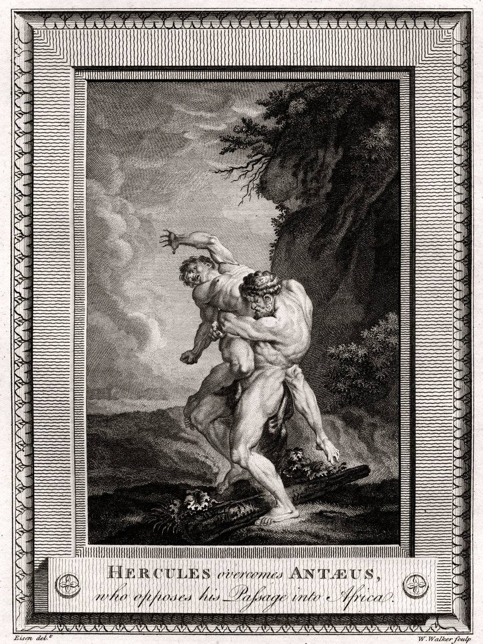Herkules překonává Antaea, který se staví proti jeho průchodu do Afriky, 1775 od W. Walker