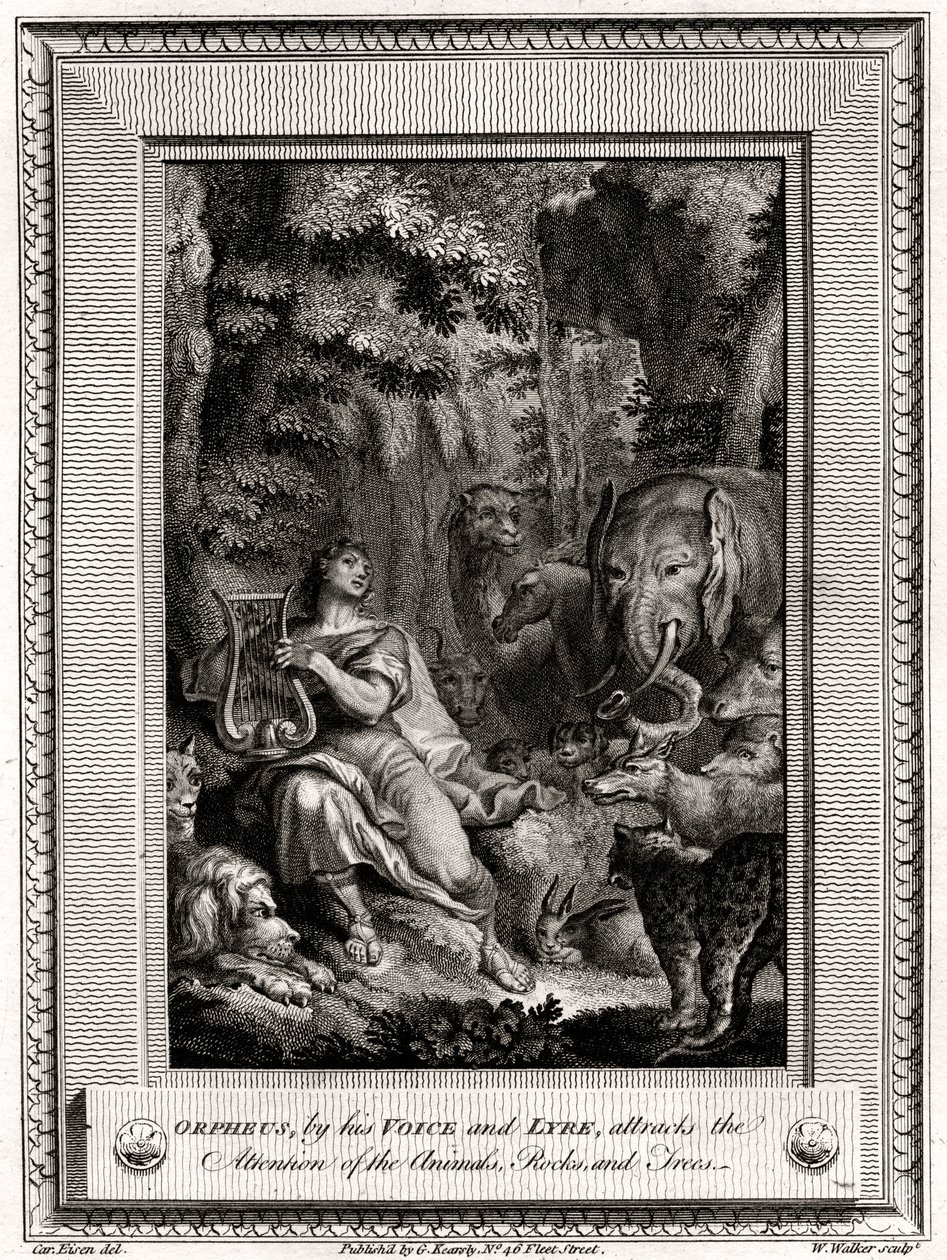 Orfeus svým Hlasem a lyrou přitahuje pozornost zvířat, skal a stromů, 1774. od W. Walker