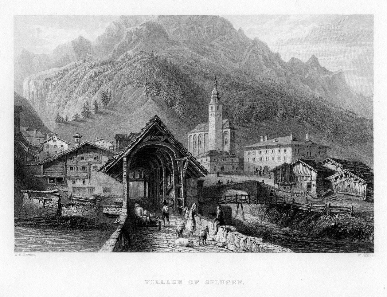 Vesnice Splugen, Švýcarsko, 1834 od W. Wallis
