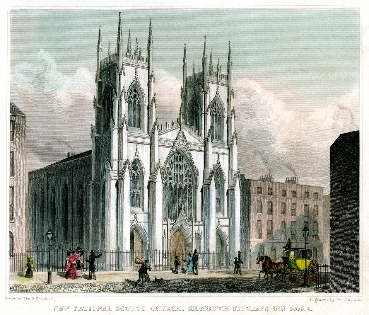 New National Scotch Church, Sidmouth Street a Grays Inn Road, Londýn, 1829. od W Watkins