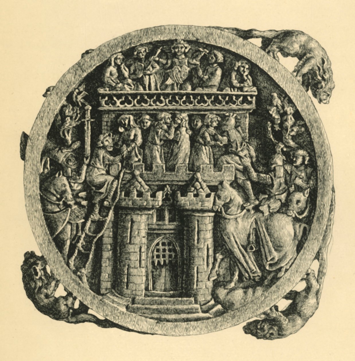 Pouzdro na zrcadlo ze slonoviny zobrazující Bouření hradu lásky, počátek poloviny 14. století, 1881. od W. Wise