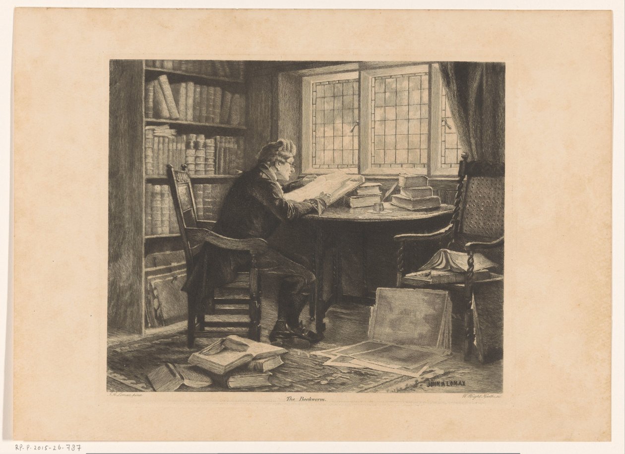 Muž čte před svou studovnou The Bookworm (titul na objektu) od W. Wright Nooth