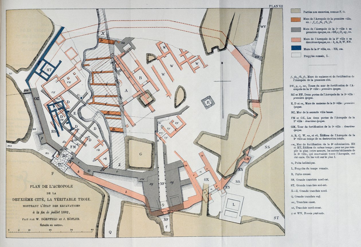 Mapa Akropole druhého města v Tróji, 1884 od W and Hoefler, J. Doerpfeld