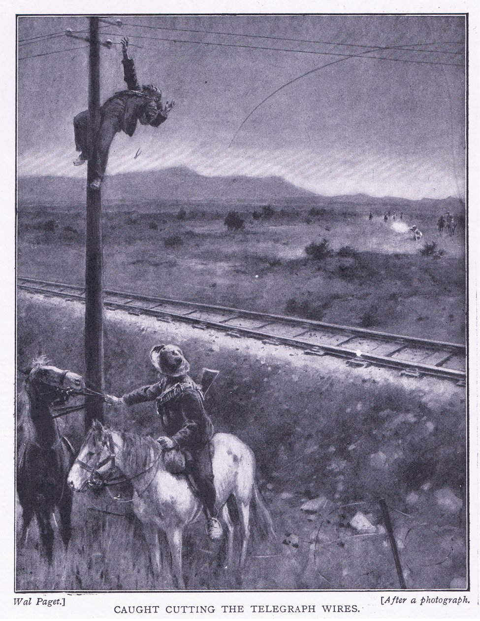 Přistižen při řezání drátů, ilustrace z Po Pretorii: Guerilla War, 1902 od Wal Paget